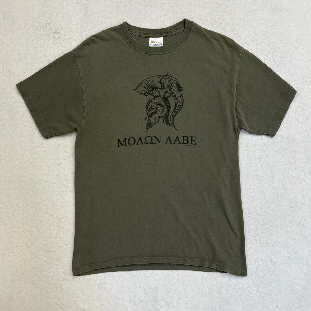 Mens Moaon Aabe Molon Labe Hanes Heavyweight Gray‎ Tee T-Shirt Size Medium GUC